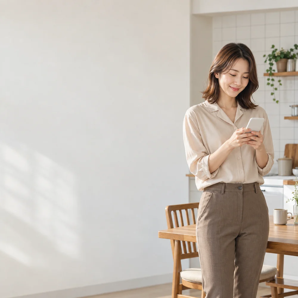 밝은 상담 자리에서 휴대전화로 문자 상담을 하며 웃는 이십 대 여성